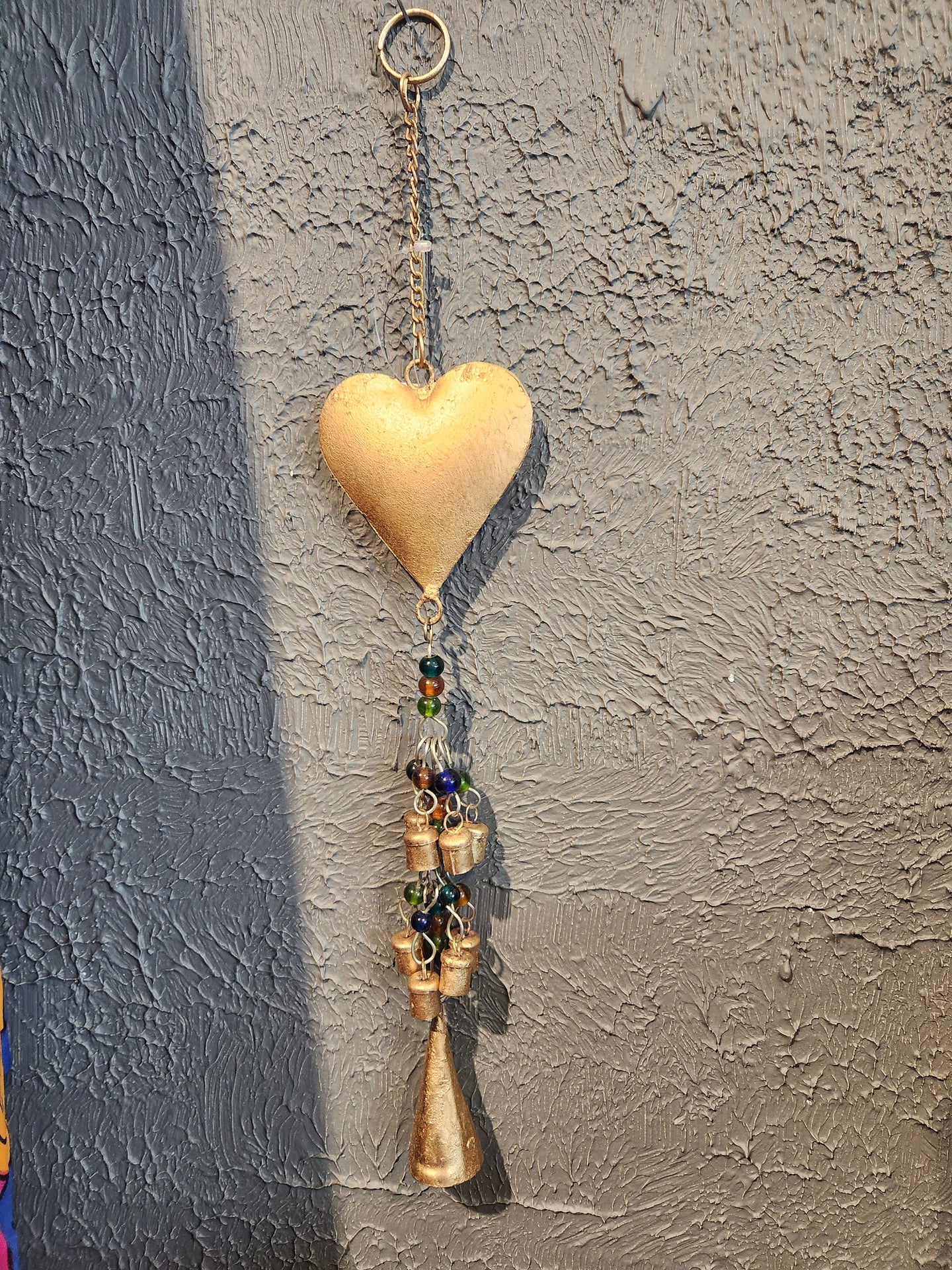Heart chime with brass mini bells & blue, brown & green beads
