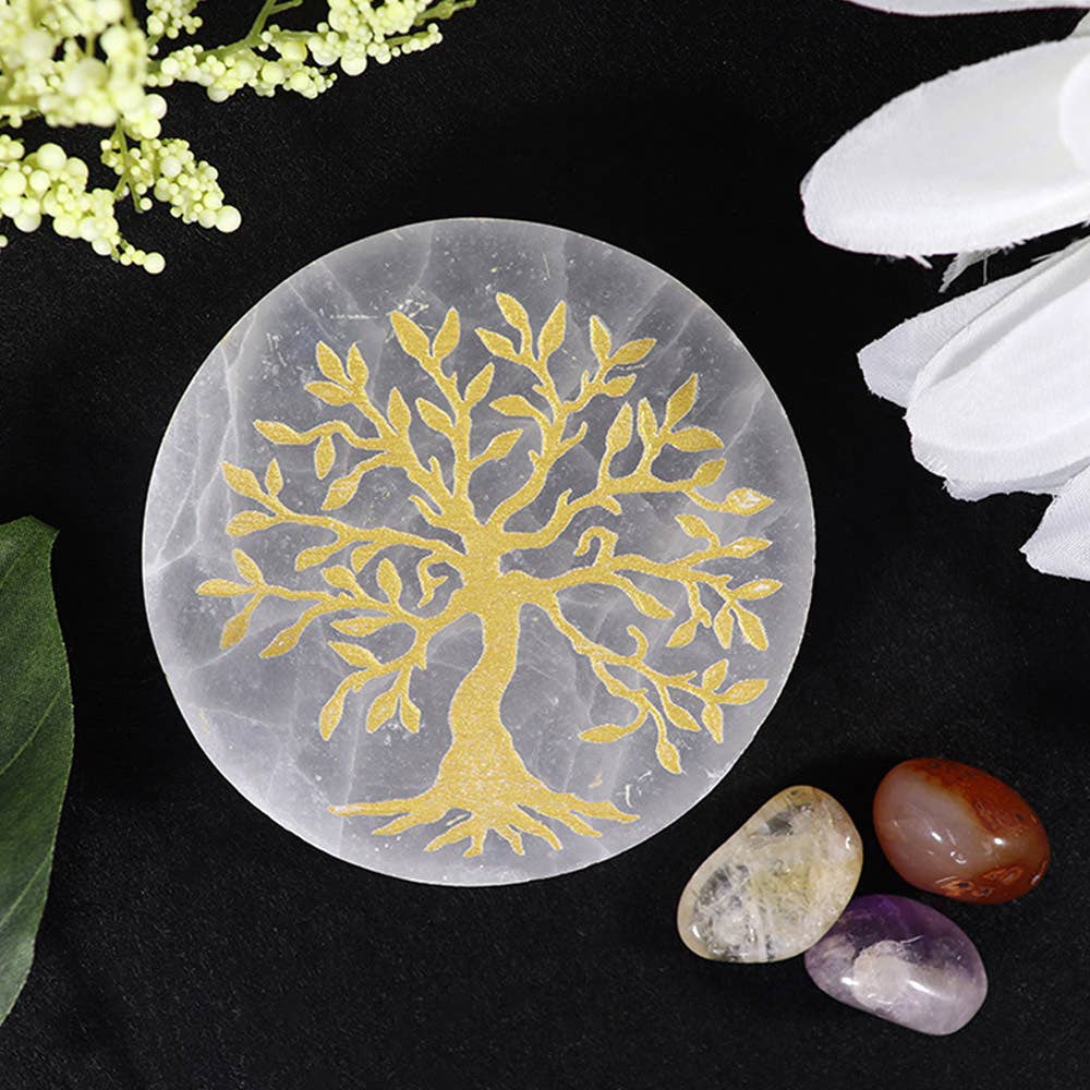 Selenite Charing Plate with Gold Tree of Life