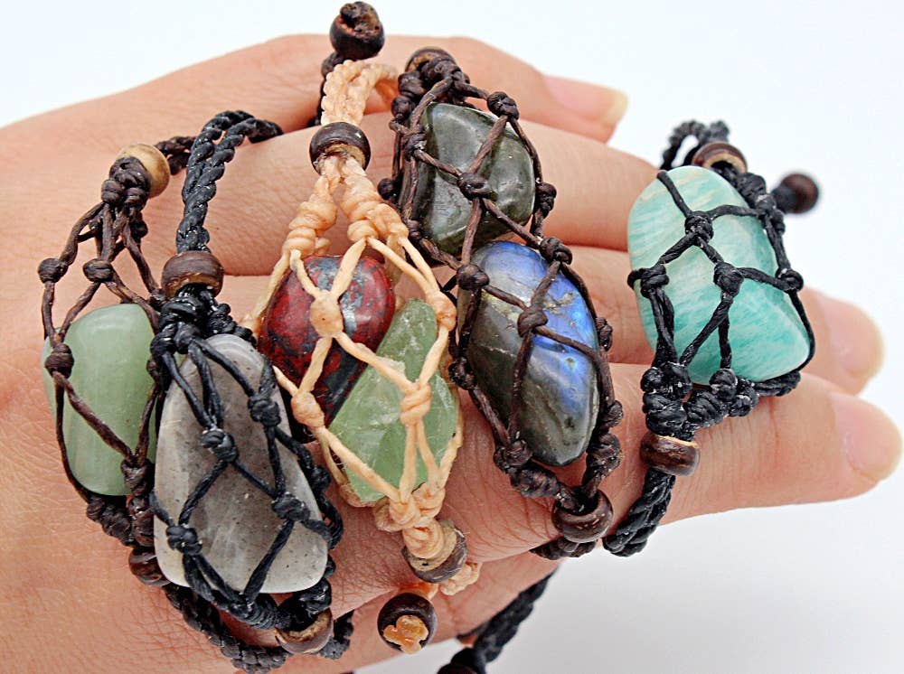 Macramé cage bracelets with  tumble stones